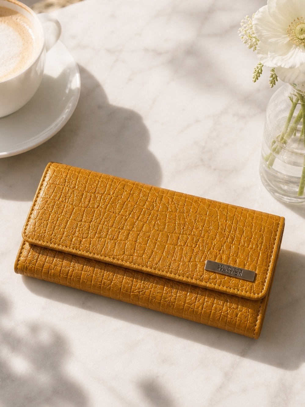 NWT Kenneth Cole Reaction Metallic Mustard Yellow Leopard Lined Faux Croc Wallet